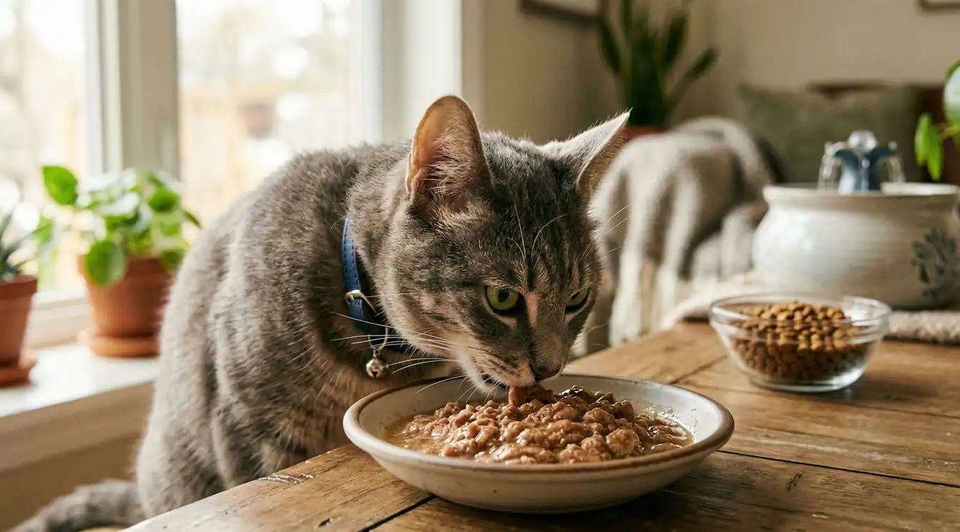 Kot jedzący karmę mokrą MiskaPupila